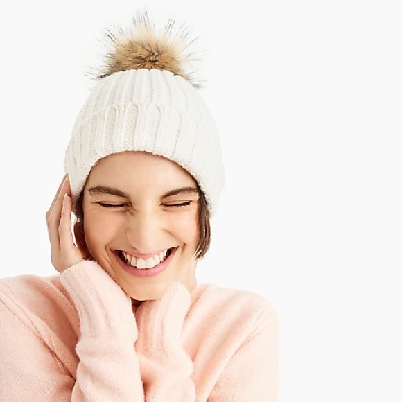 J.Crew Ribbed beanie with faux-fur pom-pom
